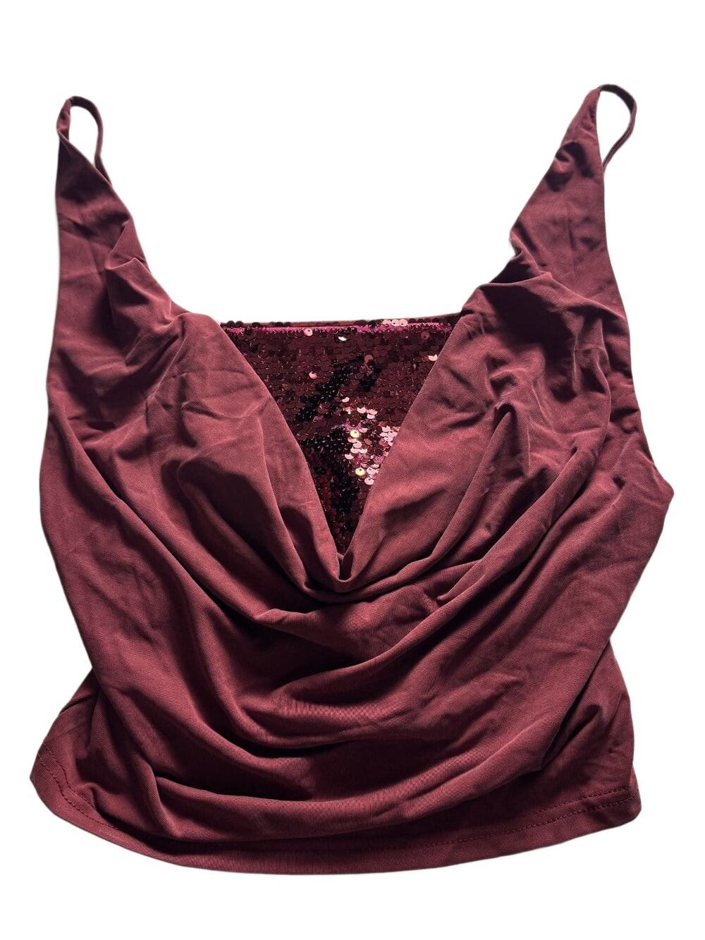 Motel Janice Top Sequin Jersey Burgundy Cowl Neck Cami Women's M NWT